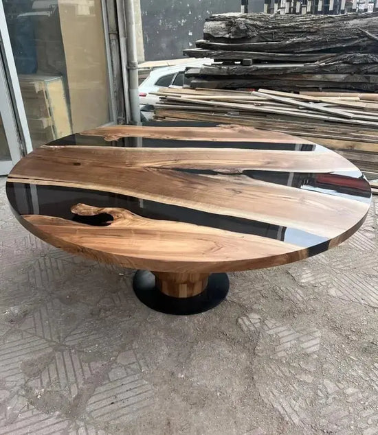 Round Epoxy Resin Table with Wooden Tulip Base Made of Walnut