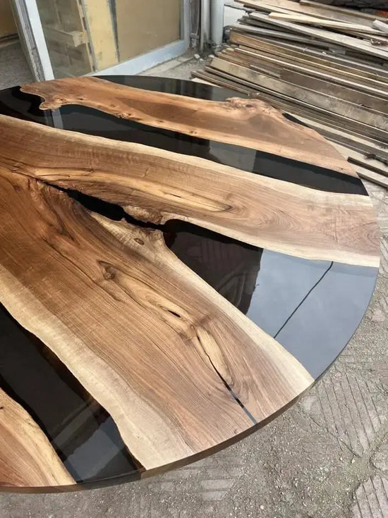 Round Epoxy Resin Table with Wooden Tulip Base Made of Walnut