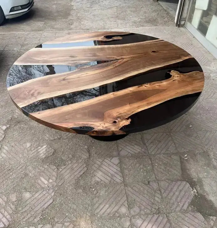 Round Epoxy Resin Table with Wooden Tulip Base Made of Walnut