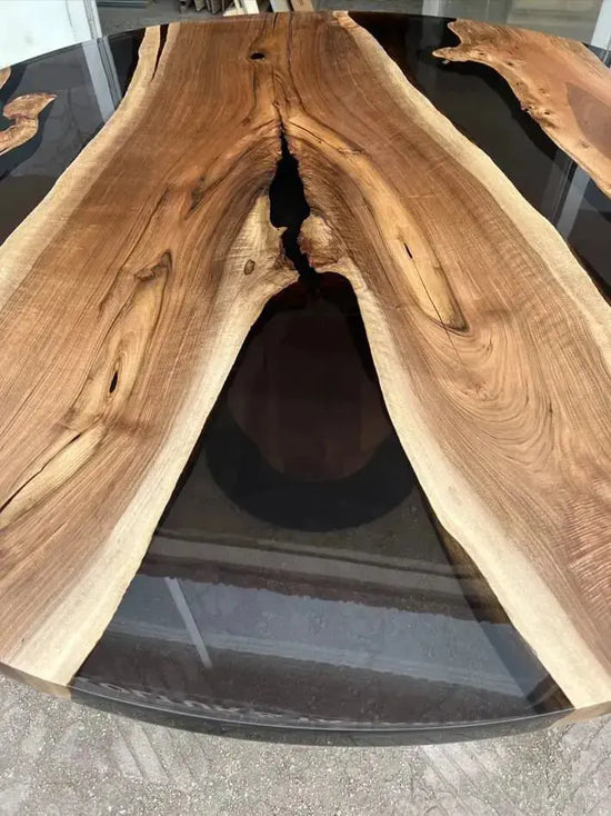 Round Epoxy Resin Table with Wooden Tulip Base Made of Walnut