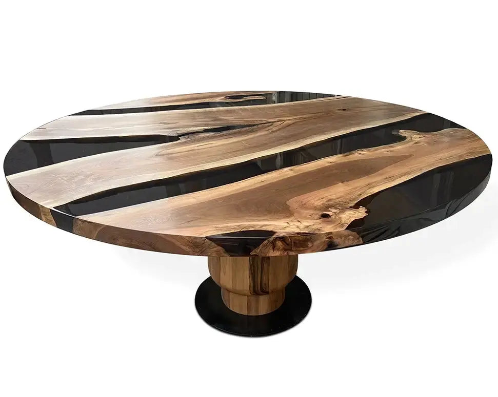 Round Epoxy Resin Table with Wooden Tulip Base Made of Walnut