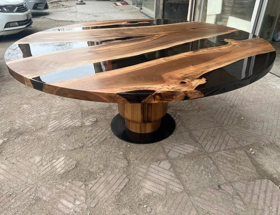 Round Epoxy Resin Table with Wooden Tulip Base Made of Walnut