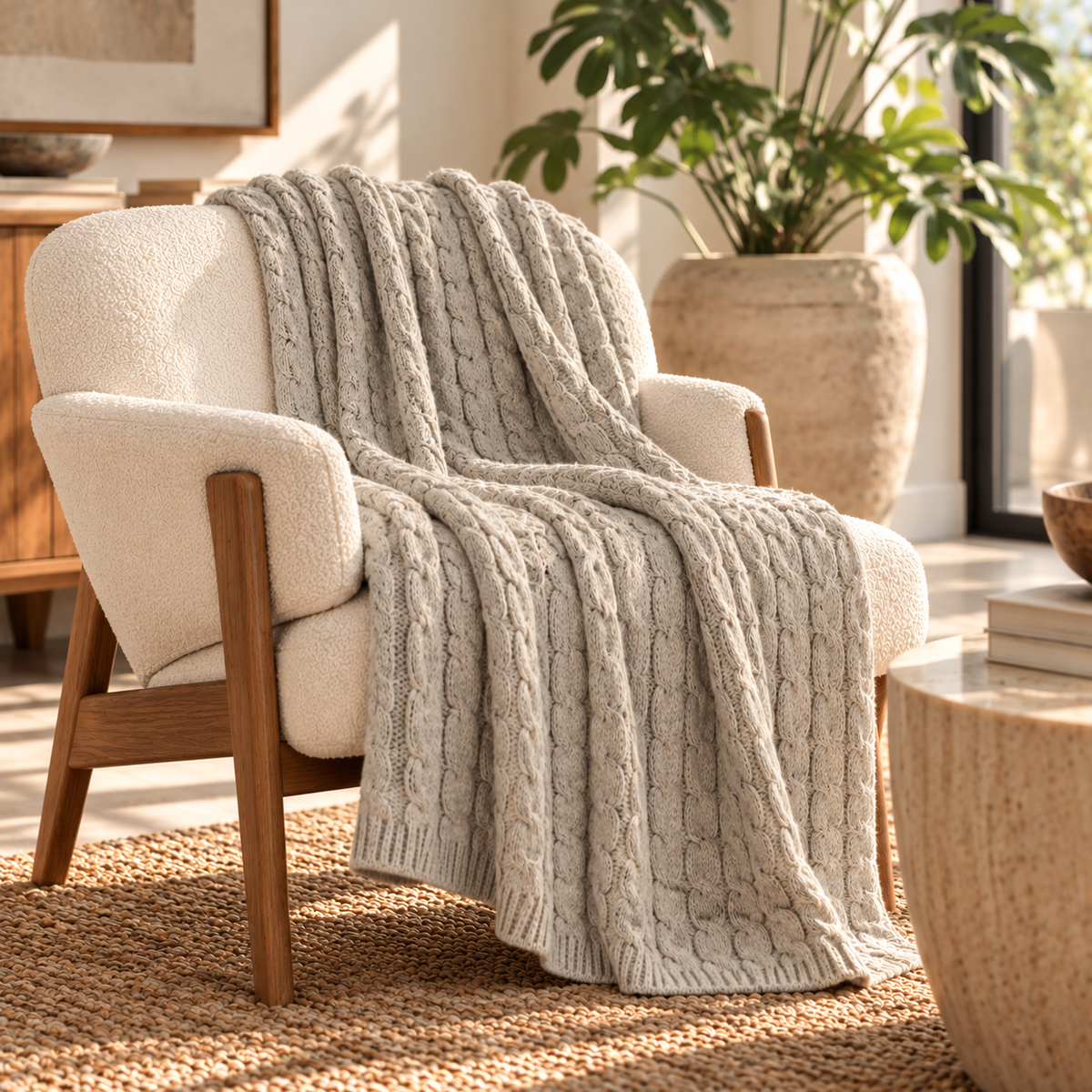 Hand-Finished Undyed Baby Alpaca & Peruvian Pima Cotton Cable Knit Throw Blanket | Silver Gray | Muru Collection
