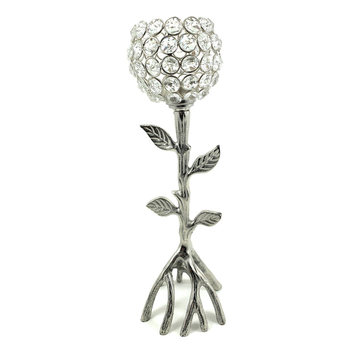 Vibhsa Silver Tree Hurricane Crystal Candle Holder | 13.2"H Handcrafted Aluminum