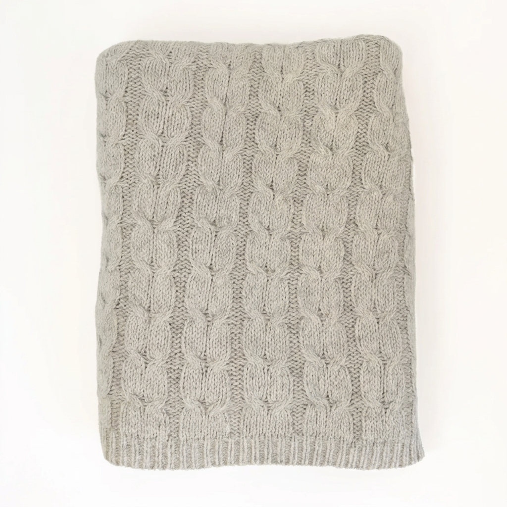 Hand-Finished Undyed Baby Alpaca & Peruvian Pima Cotton Cable Knit Throw Blanket | Silver Gray | Muru Collection