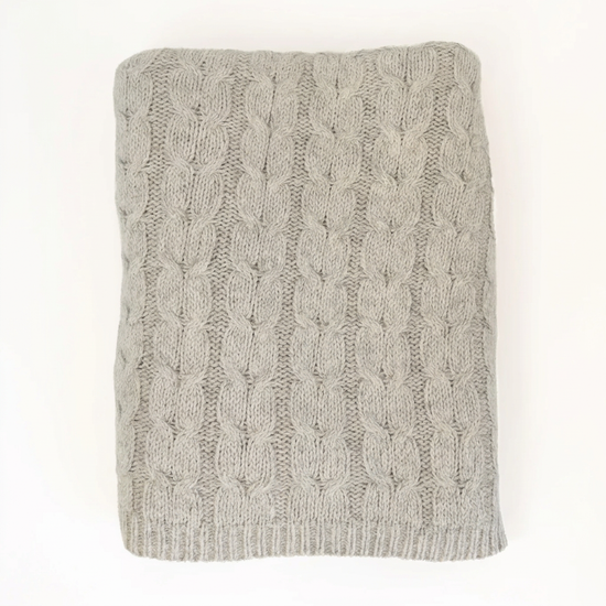 Hand-Finished Undyed Baby Alpaca & Peruvian Pima Cotton Cable Knit Throw Blanket | Silver Gray | Muru Collection