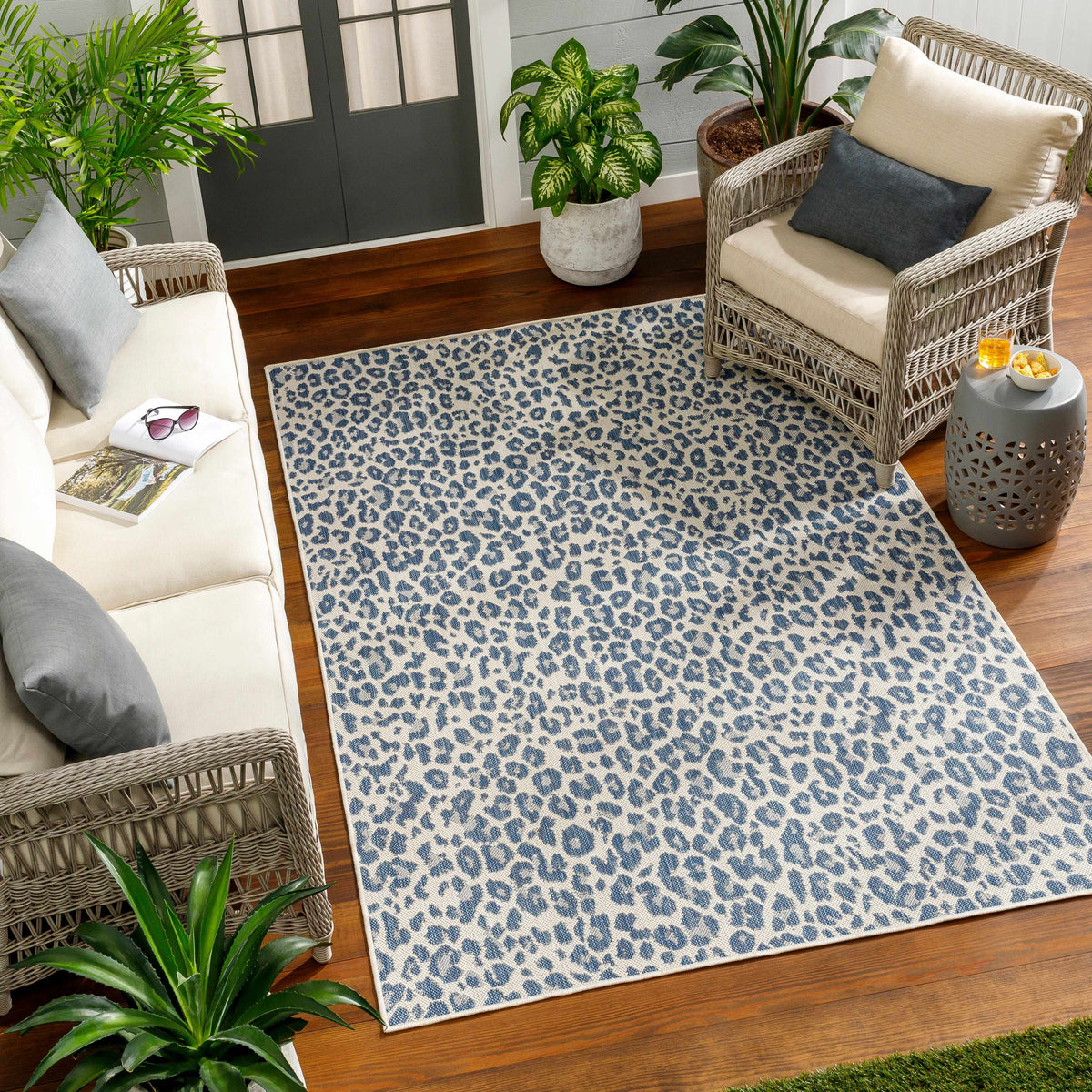 Garbo Blue Leopard Print Outdoor Area Rug - Clearance