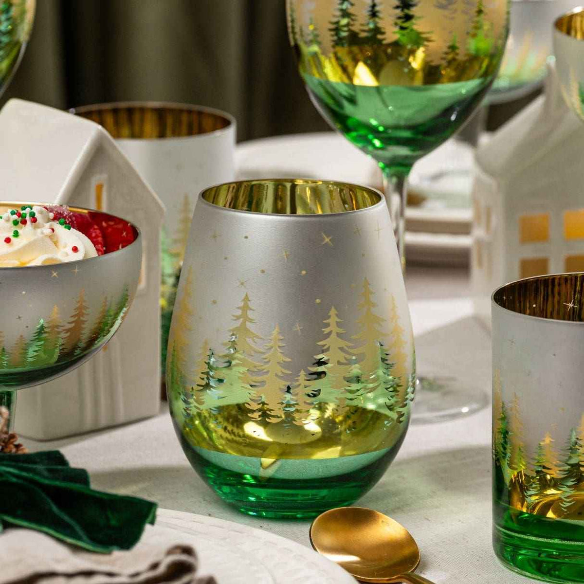 Green Pine Tree Stemless Wine Glasses