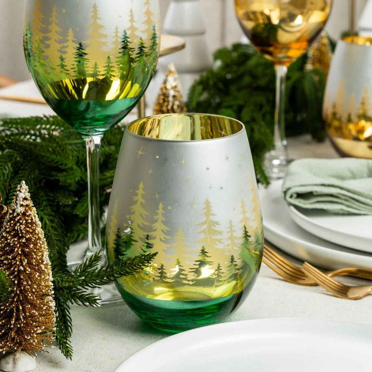 Green Pine Tree Stemless Wine Glasses