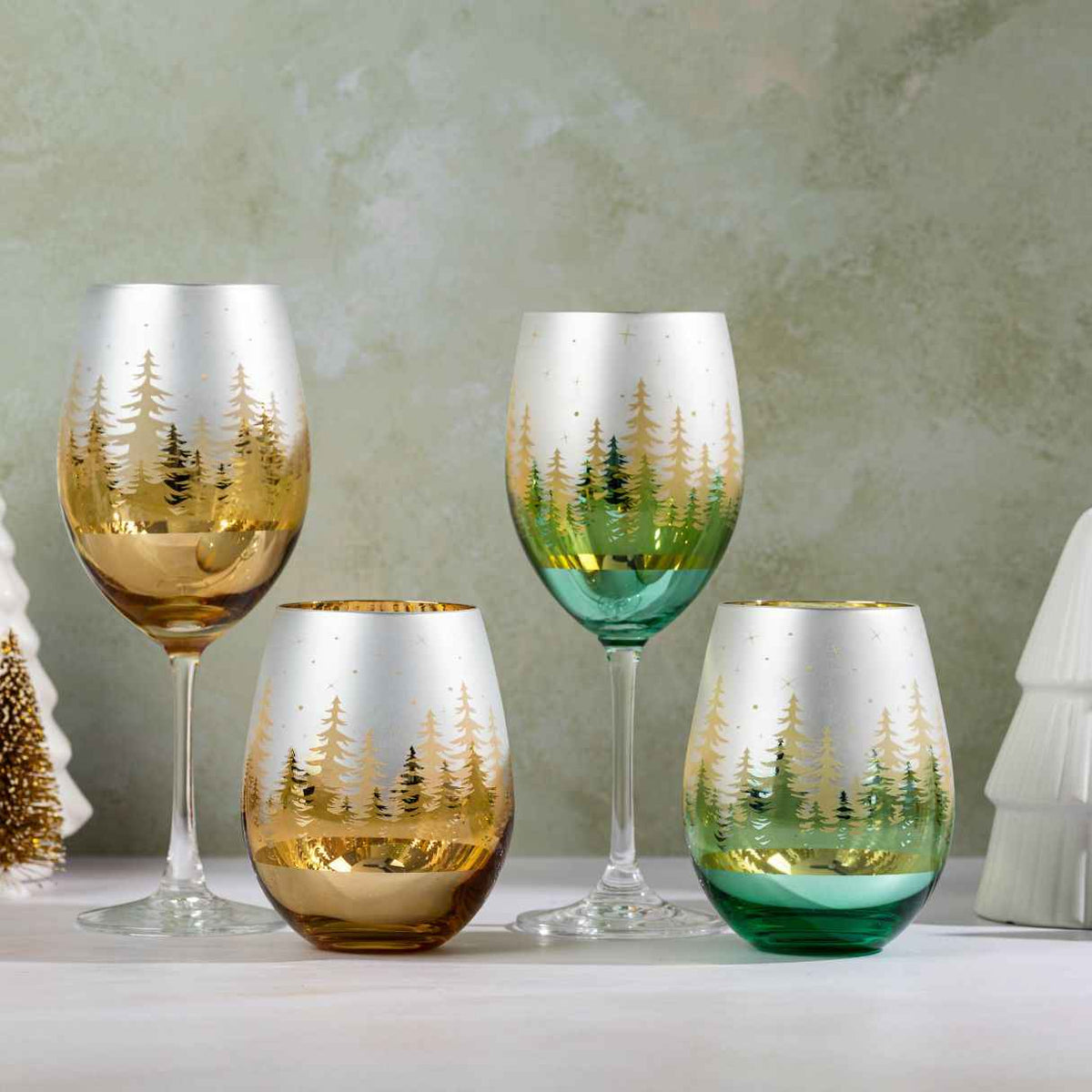 Green Pine Tree Stemless Wine Glasses
