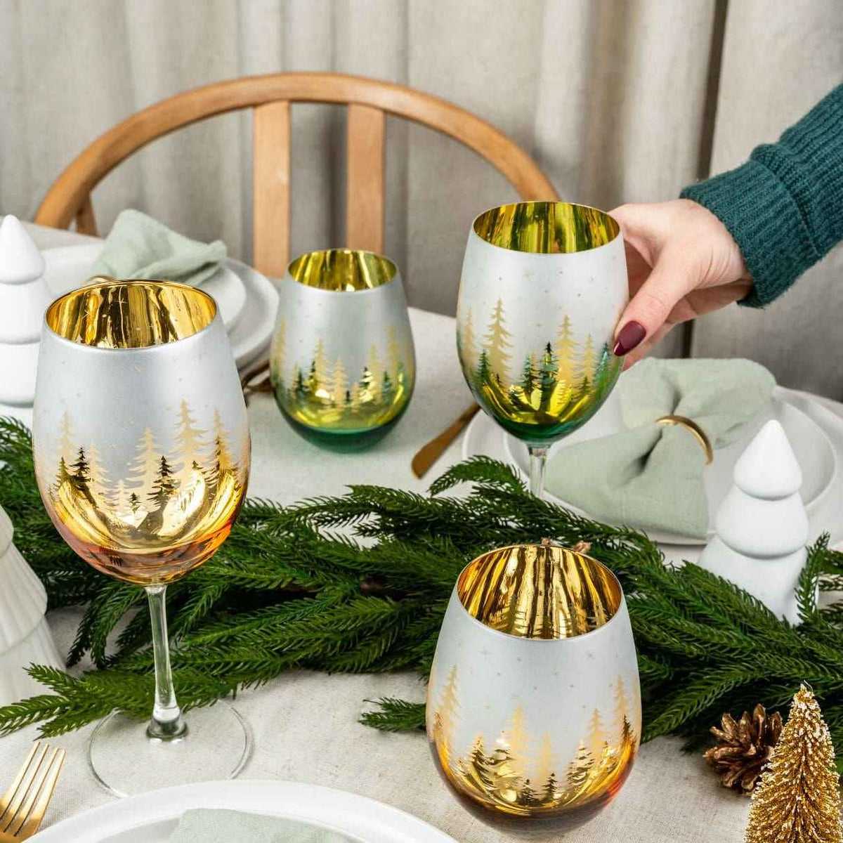 Green Pine Tree Wine Glasses