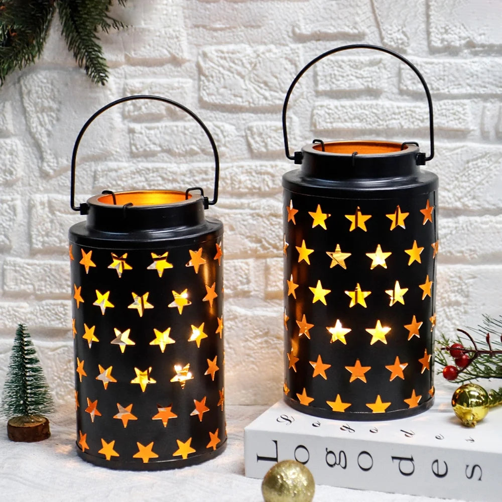 Set of 2 8"H Metal Candle Lanterns with Handle(Hollow Stars)