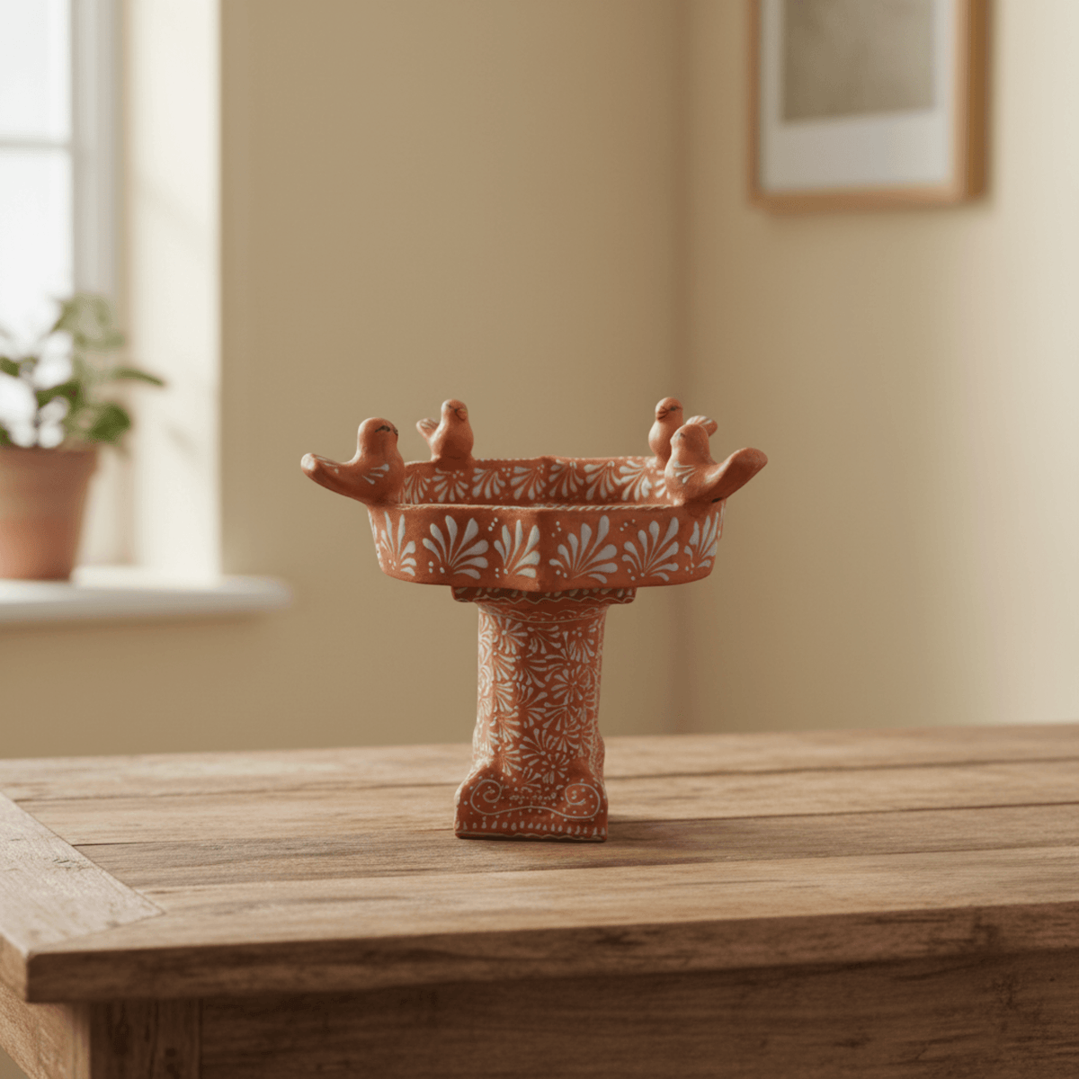 Talavera Bird Bath | Brown & White Hand-Painted Garden Art