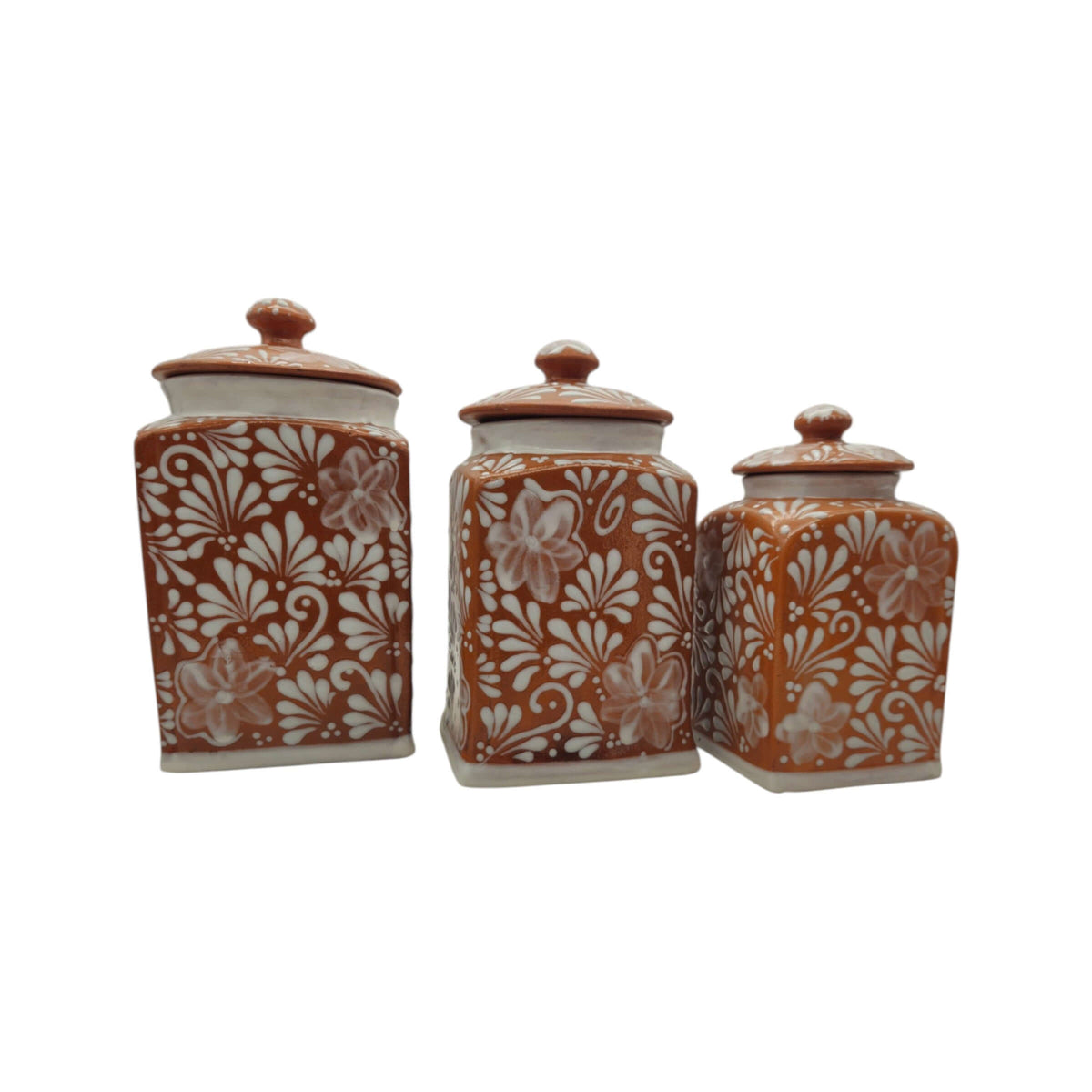 Talavera Canister Set | Brown & White Floral Kitchen Decor