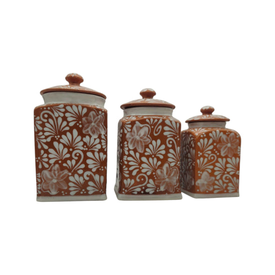 Talavera Canister Set | Brown & White Floral Kitchen Decor