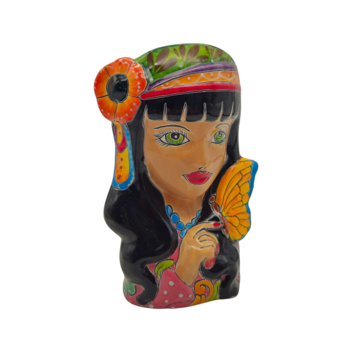 Talavera Lady Head Planter | Butterfly Design