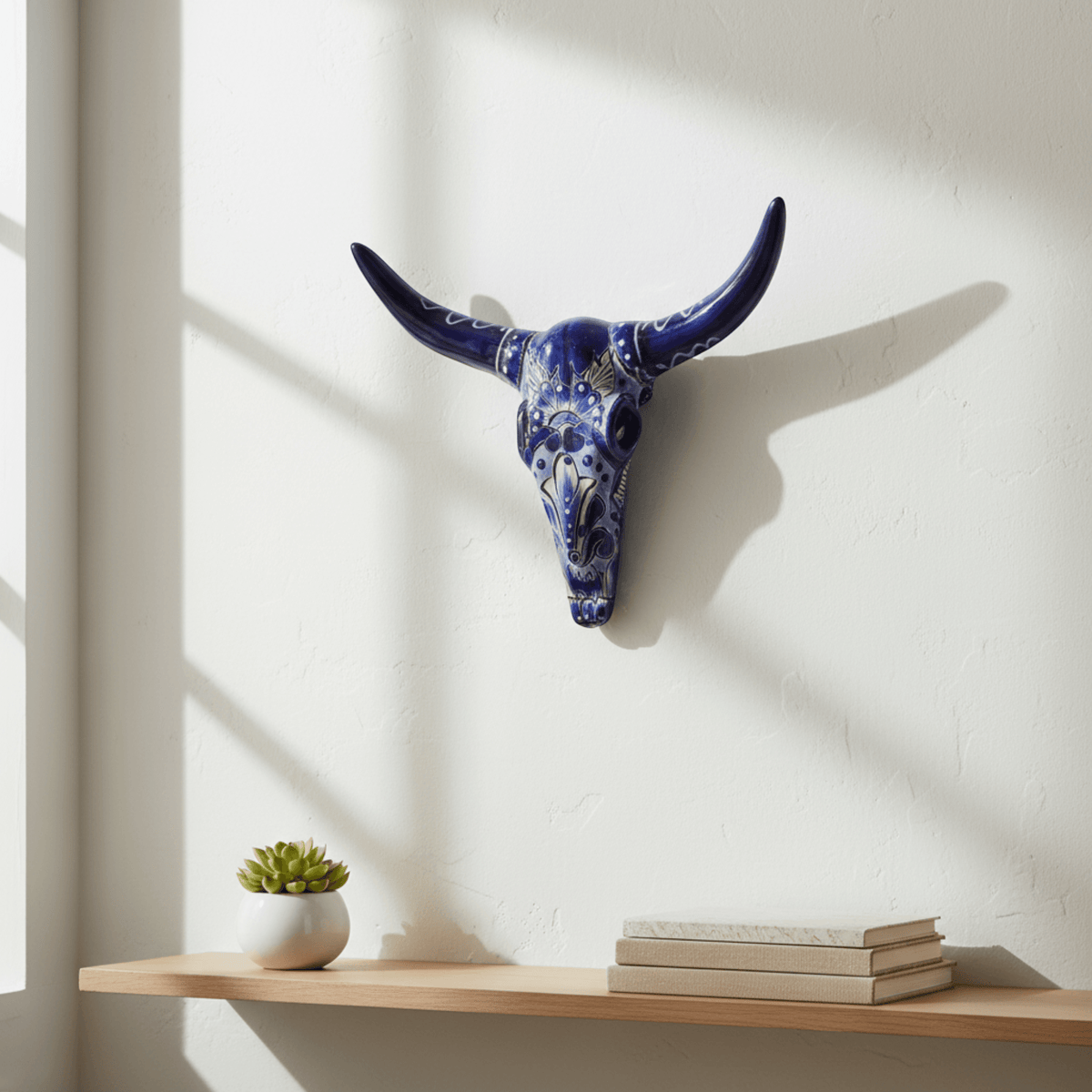 Talavera Longhorn Skull Wall Art | Blue & White Design
