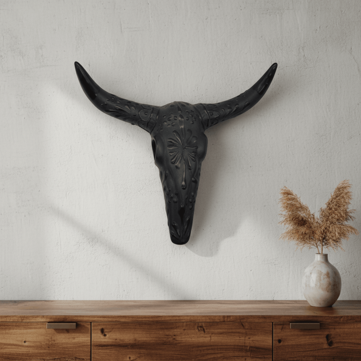 Talavera Longhorn Wall Art | Matte Black Bull Skull Decor