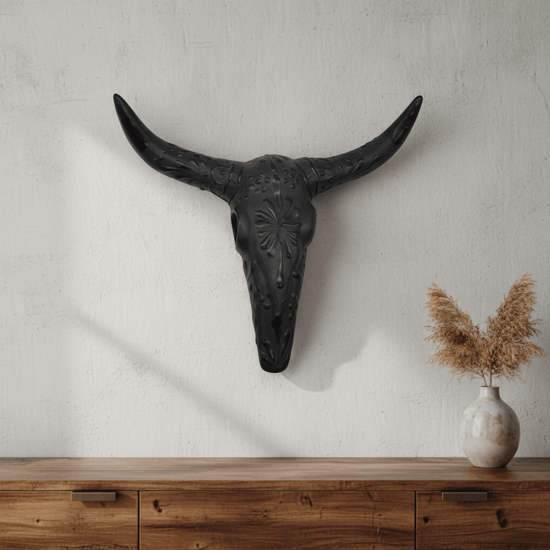 Talavera Longhorn Wall Art | Matte Black Bull Skull Decor