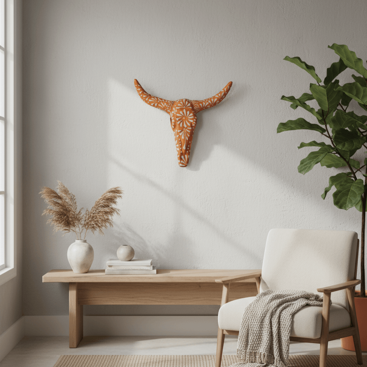 Talavera Longhorn Wall Art | Brown & White Mexican Decor