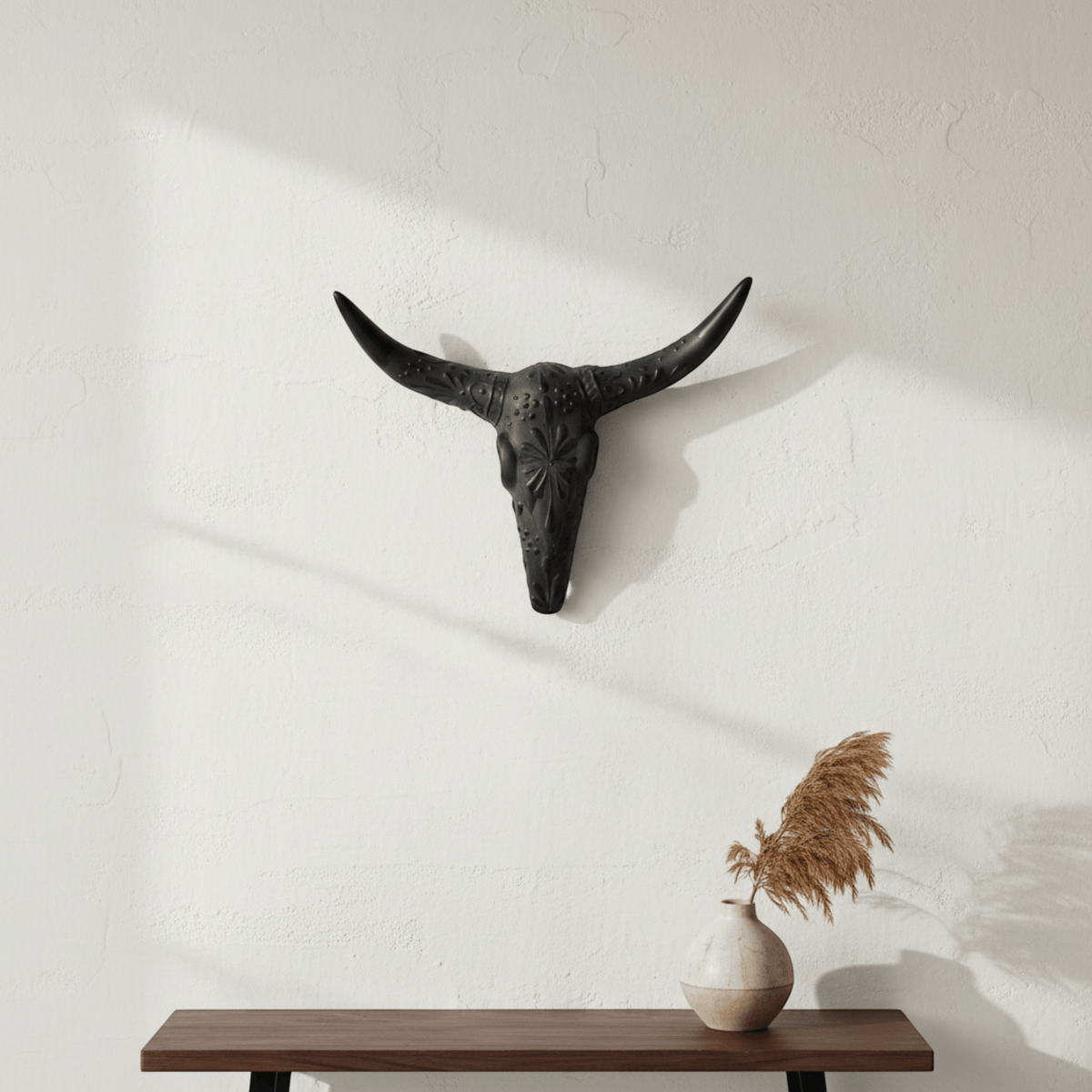 Talavera Longhorn Wall Art | Matte Black Bull Skull Decor