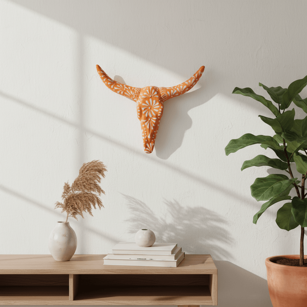 Talavera Longhorn Wall Art | Brown & White Mexican Decor