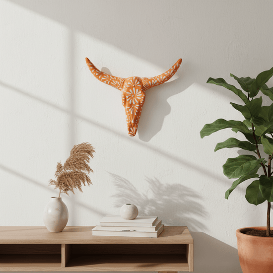 Talavera Longhorn Wall Art | Brown & White Mexican Decor