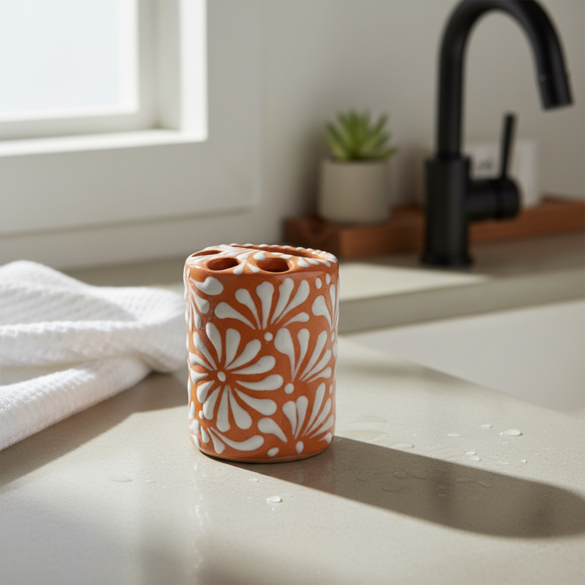 Talavera Toothbrush Holder | Brown & White Floral