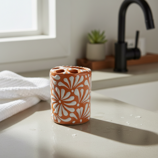 Talavera Toothbrush Holder | Brown & White Floral