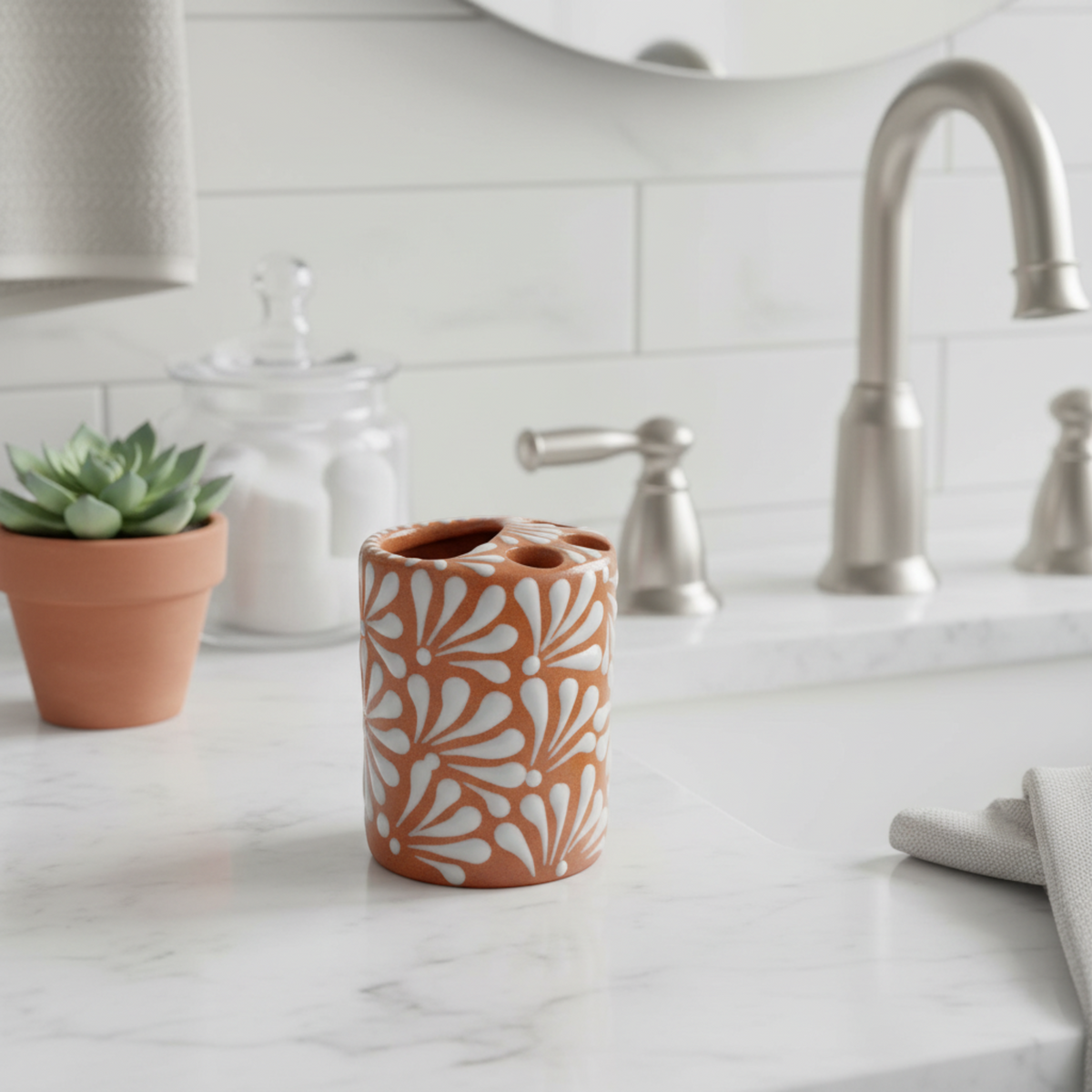 Talavera Toothbrush Holder | Brown & White Floral