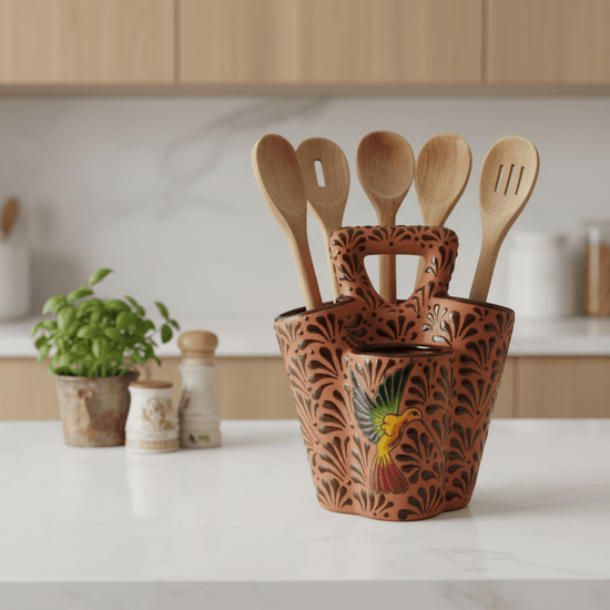 Talavera Utensil Holder | Relief Bird Design