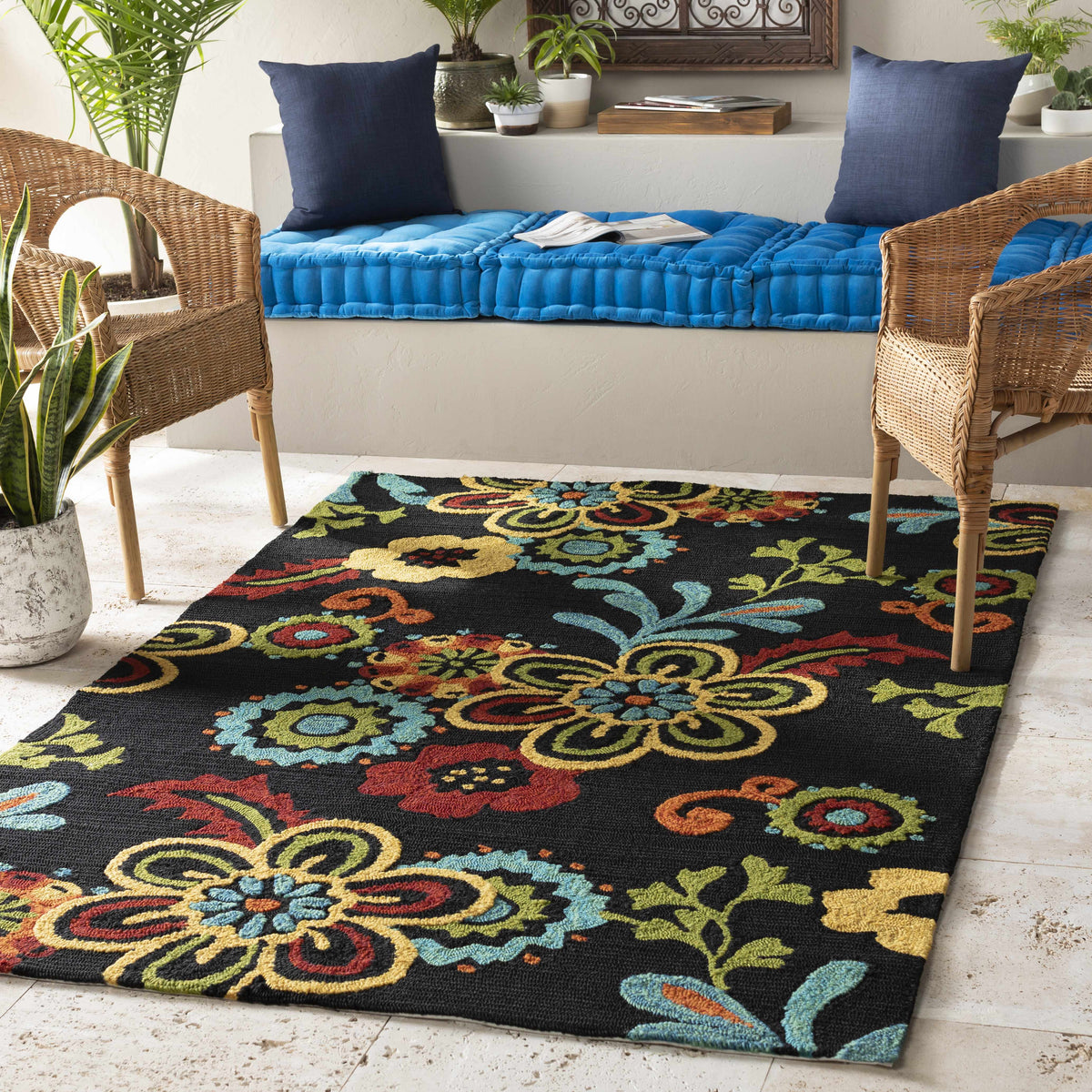 Thaxton Colorful Flowers on Black Outdoor Area Rug - Clearance