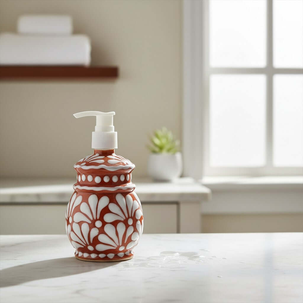 Talavera Soap Dispenser | Floral Brown & White Design