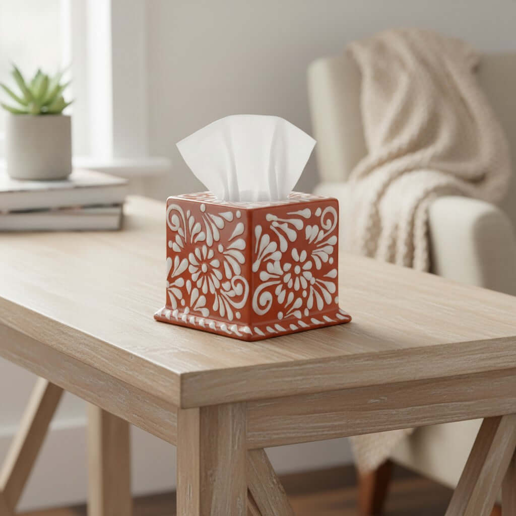Talavera Tissue Box | Brown & White Floral Design