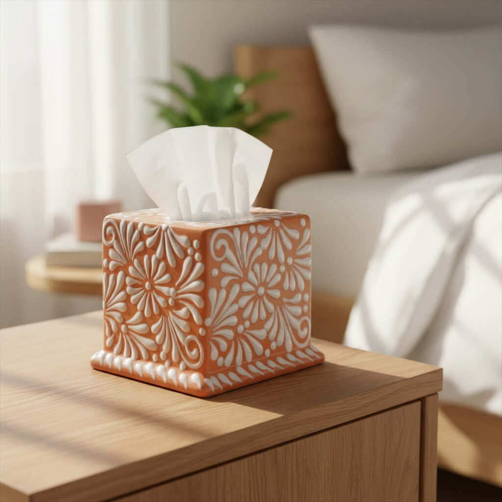 Talavera Tissue Box | Brown & White Floral Design