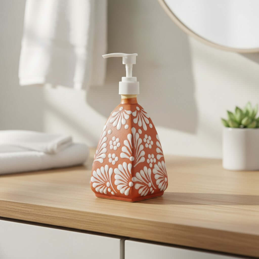 Talavera Soap Dispenser | Brown & White Pyramid Design