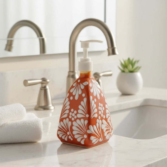 Talavera Soap Dispenser | Brown & White Pyramid Design