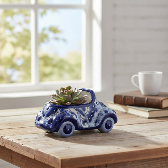 Small Talavera Car Planter | Blue & White Handmade Ceramic Pot