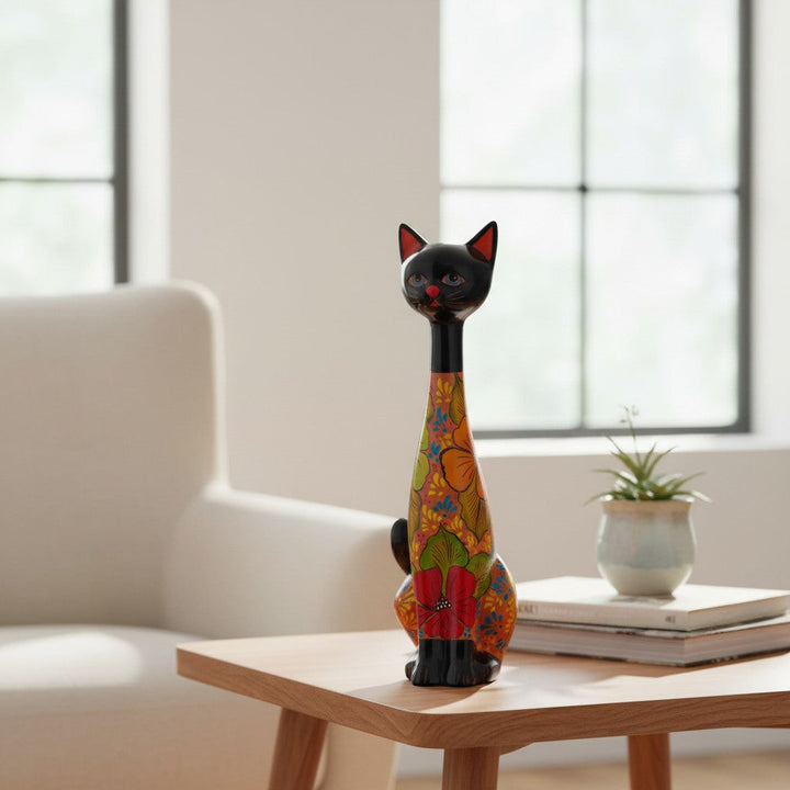 Tall Talavera Cat Statue | Floral Terracotta Design