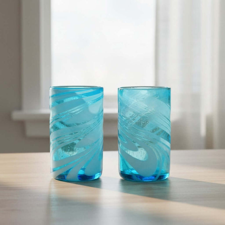 Handblown Mexican Teal Tumbler Glass | White Swirl Accent