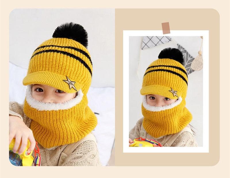 Thick Knitted Acrylic Winter Beanie Hats For Kids Child Outdoor Warm Balaclava Cap Girls Boys Bib Mask Face Cover Hairball Hat  Beanie Cap Mask Scarf Hat Set Outdoor Sport Warm Beanies Hat For Men Knitted Hats Bandana Hiking Camping Kid Neck Warmer Cap