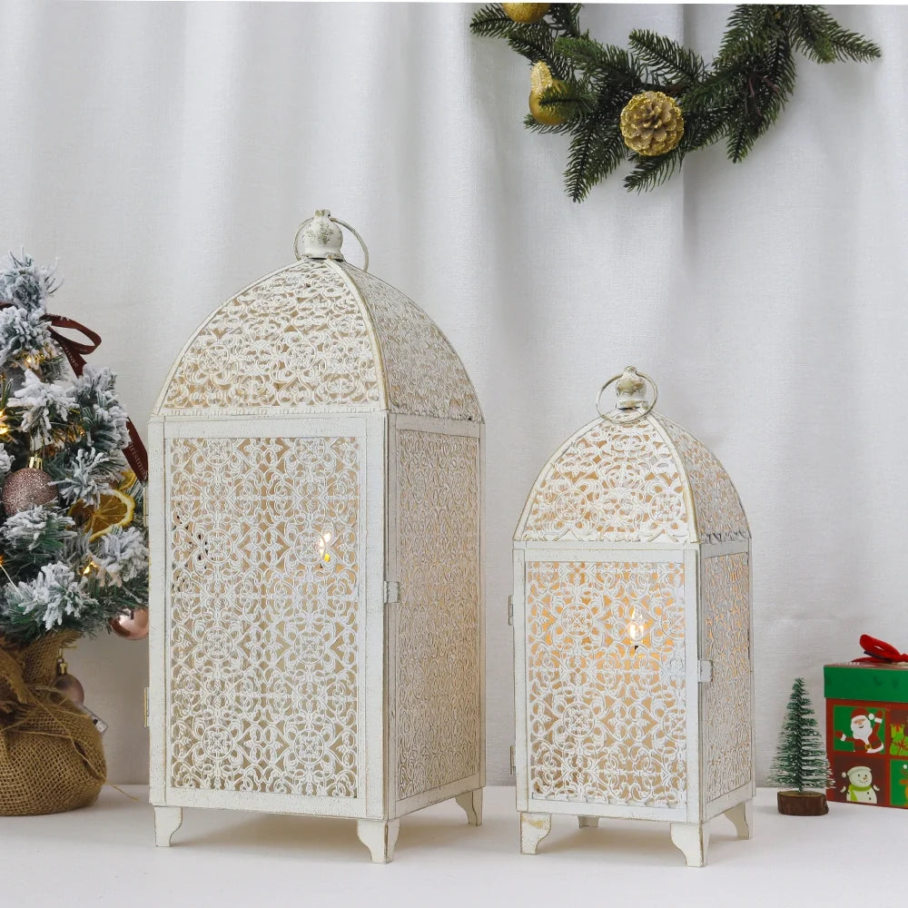 Set of 2-16.5''&12'' High Metal Lantern-White with Gold Brush