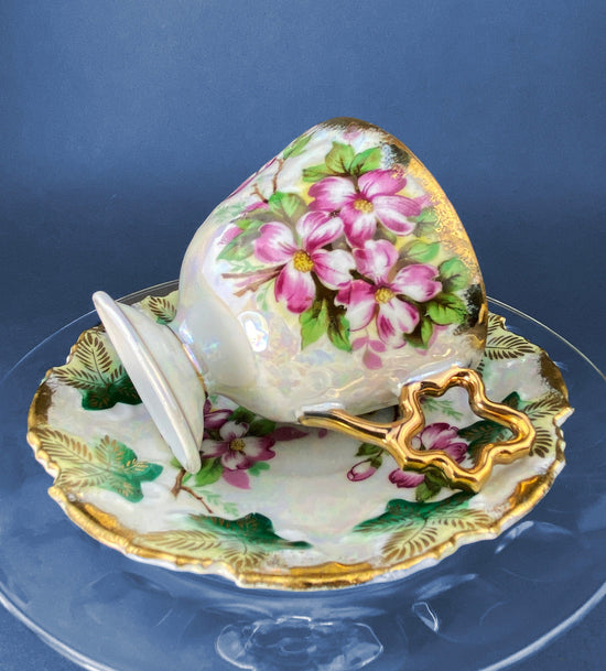 Vintage Metasco Tea Cup and Saucer, Cherry Blossom Iridescent Set