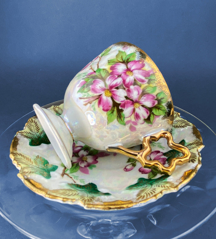 Vintage Metasco Tea Cup and Saucer, Cherry Blossom Iridescent Set