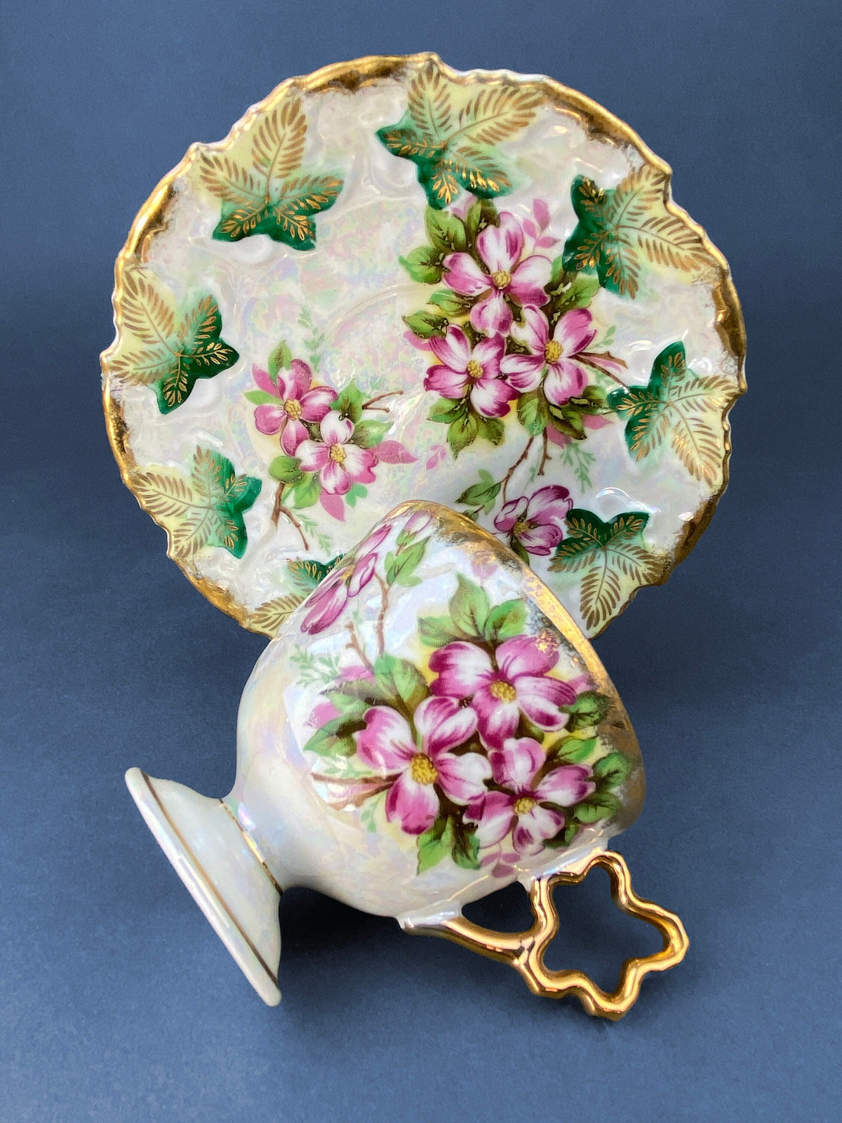 Vintage Metasco Tea Cup and Saucer, Cherry Blossom Iridescent Set