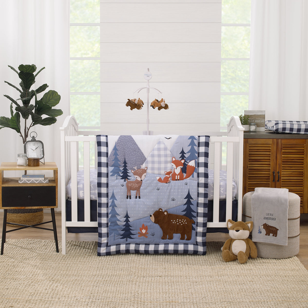 National Park Navy Buffalo Check, Gray, Blue, and Brown Camping Bear, Deer, and Fox 3 Piece Nursery Crib Bedding Set - Comforter, Fitted Crib Sheet, and Crib Skirt
