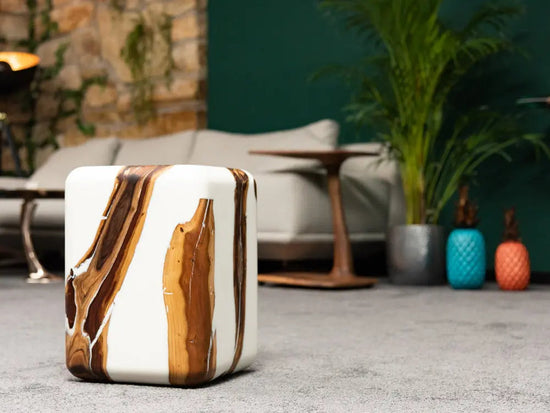 Resin Cube Side Table, Epoxy Wood Stool, Cube Accent Table