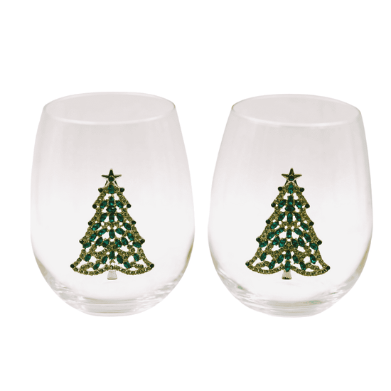 Bedazzled Christmas Tree Stemless Wine Glasses