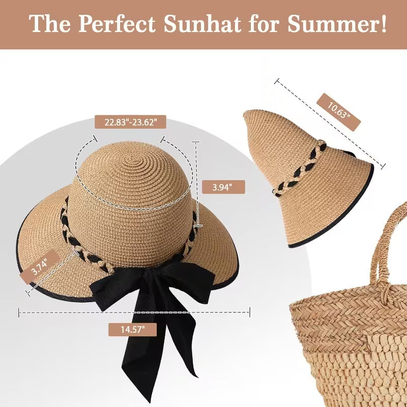 Wide Brim Straw Sun Hat – Packable Beach Hat with Chin Strap | Lightweight Travel & Outdoor Hat (Adjustable Fit)