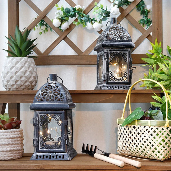 Set of 2 8”H Battery Operated Lanterns (Grey)